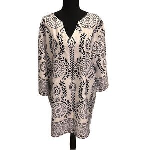 Collection XIIX Black and White Leaf Patterned Swim Cover-Up Kaftan One Size